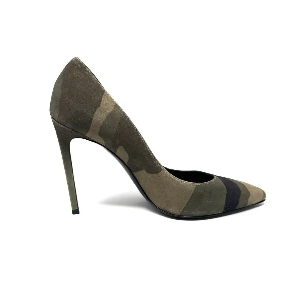Saint Laurent Camouflage Khaki Suede Pumps Heels Sz 37.5 Pointed Toe Stiletto - Picture 12 of 13